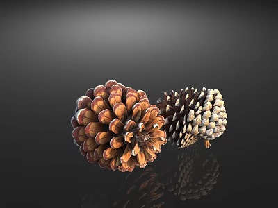 Two Brown And Cream Pine Cones With Detailed Textures And Reflections On Black Background 3d model