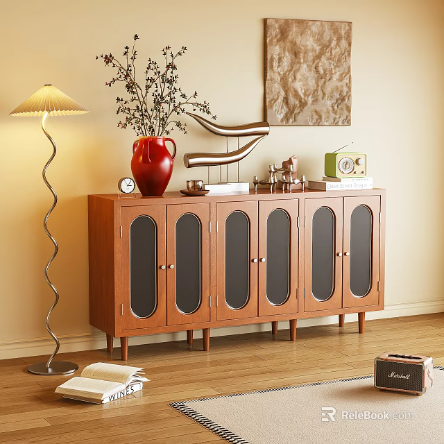 Modern Wooden Console Cabinet With Glass Doors Vase Clock Floor Lamp Radio 3d model 