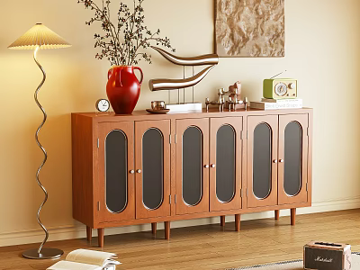 Modern Wooden Console Cabinet With Glass Doors Vase Clock Floor Lamp Radio 3d model