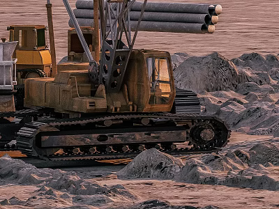 Tracked Construction Utility Vehicle Working on Construction Site With Sand Piles And Pipes 3d model