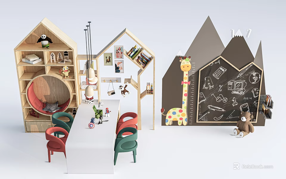 Wooden Showcase Shelves in Kids Room with Giraffe Decor Chalkboard Wall and Toys 3d model 