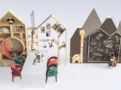 Wooden Showcase Shelves in Kids Room with Giraffe Decor Chalkboard Wall and Toys 3d model