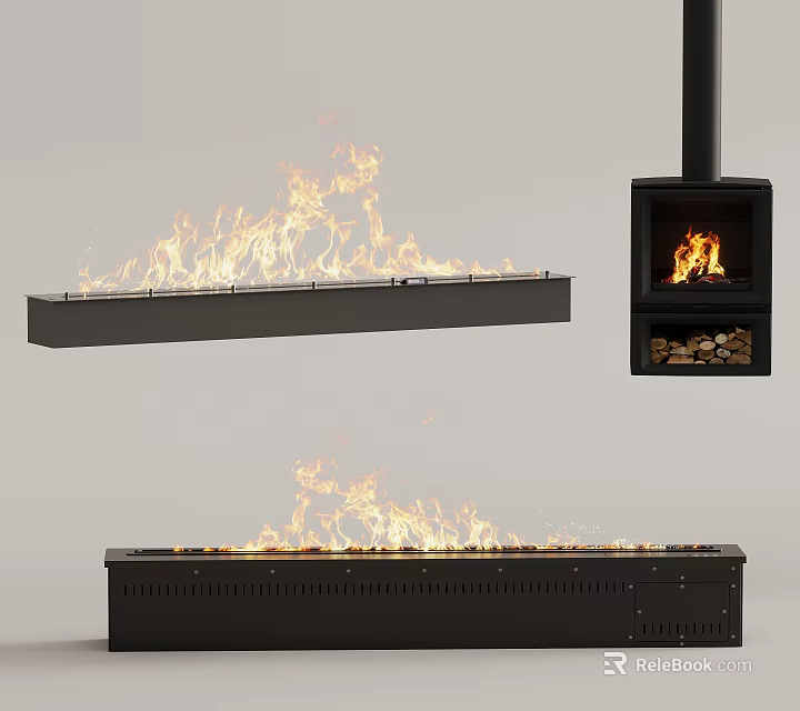 Modern Black Fireplace Designs With Linear And Stove Style Burning Flames And Wood Logs 3d model 