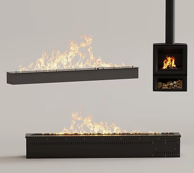 Modern Black Fireplace Designs With Linear And Stove Style Burning Flames And Wood Logs 3d model