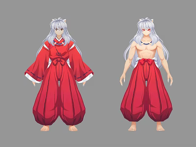 Silver Haired Mythical Character Displaying Red Kimono And Shirtless Look With Red Pants 3d model