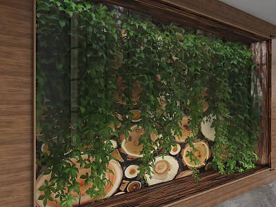Decorative Wall With Lush Green Vines And Natural Wood Slices For Interior Decoration 3d model