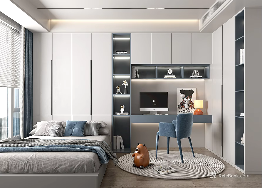 Modern Tatami Bedroom Interior Design With Bed Desk Chair Shelves And Window 3d model 
