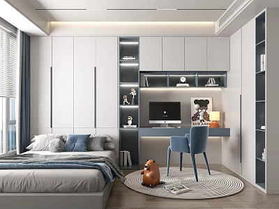 Modern Tatami Bedroom Interior Design With Bed Desk Chair Shelves And Window 3d model