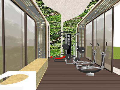 Modern Gym Interior With Green Wall Large Windows Wooden Floor And Workout Equipment 3d model