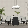 Modern Dining Table Set with Black Round Table White Chairs Hanging Chandelier and Arched Decor 3d model