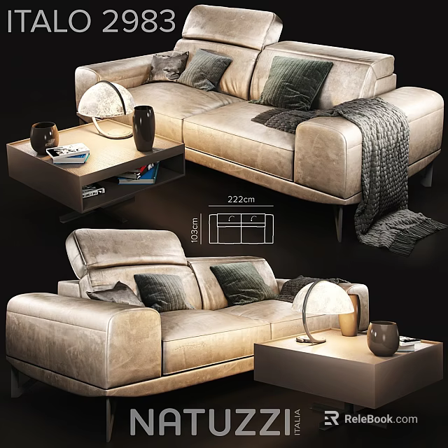Modern Beige Leather Two Seater Sofa With Plush Pillows Knitted Throw And Table Lamp 3d model 