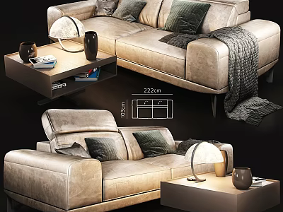 Modern Beige Leather Two Seater Sofa With Plush Pillows Knitted Throw And Table Lamp 3d model