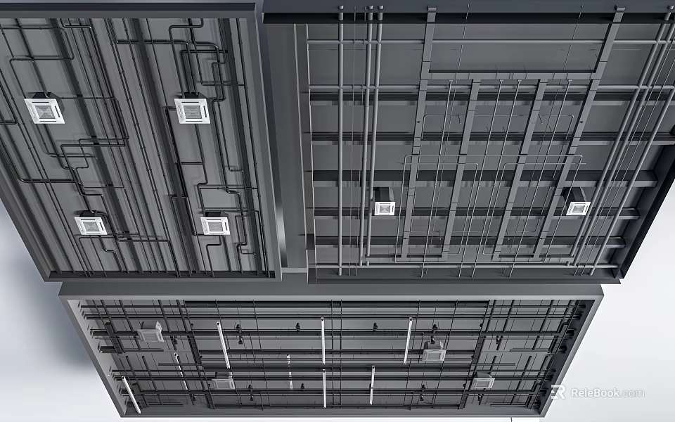 Structural Ceiling Design With Metal Framework Pipes And Lighting Fixtures 3d model 