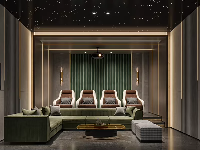 Modern Home Theater Interior Design With Starry Ceiling Green Sofa And Recliner Seats 3d model