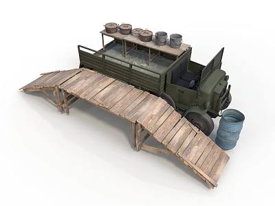 Military Green Truck with Metal Containers on Truck Bed and Wooden Ramp near Blue Barrel 3d model