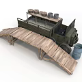 Military Green Truck with Metal Containers on Truck Bed and Wooden Ramp near Blue Barrel