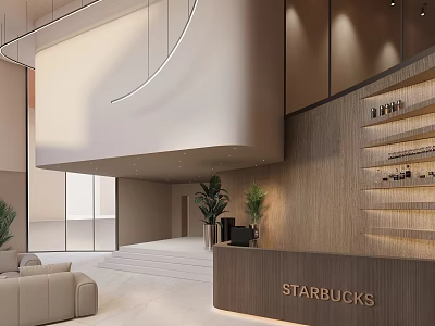 Starbucks Interior Design With Reception Desk Plants Sofa And Wooden Wall Steps 3d model