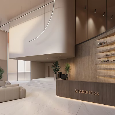 Starbucks Interior Design With Reception Desk Plants Sofa And Wooden Wall Steps 3d model