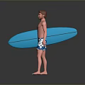 Shirtless Male Standing Barefoot Holding Blue Surfboard Wearing Floral Blue White Shorts