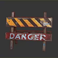 Wooden Danger Sign With Yellow Black Stripes And Red Background Stands On Gray Surface