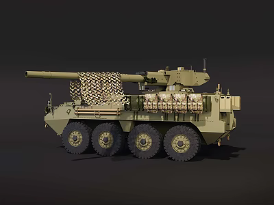 Military Wheeled Artillery Vehicle with Long Cannon Barrel Camouflage Net and Ammunition Boxes 3d model