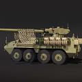 Military Wheeled Artillery Vehicle with Long Cannon Barrel Camouflage Net and Ammunition Boxes