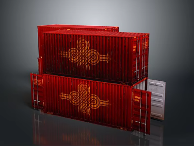 Red Shipping Containers Stacked With Intricate Golden Patterns And Durable Metal Structures 3d model