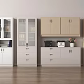 Modern Office Bookcases In White And Light Wood With Glass Doors Drawers Printers And Vase