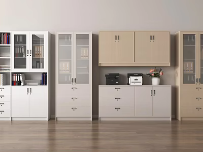 Modern Office Bookcases In White And Light Wood With Glass Doors Drawers Printers And Vase 3d model