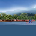 Scenic Park Landscape With Green Lawns Stone Steps Trees And Mountain View Under Blue Sky