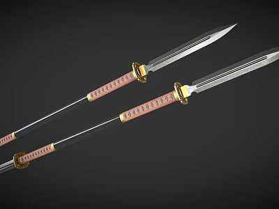 Traditional Japanese Katana Swords with Sharp Blades and Pink Gold Decorative Handles 3d model