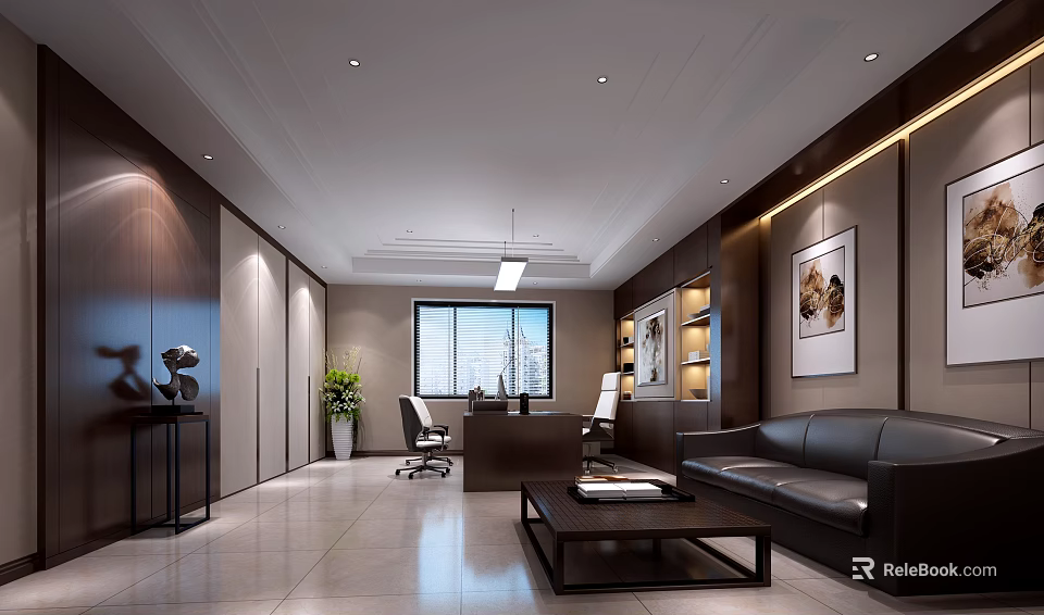 Modern Office Interior With Wooden Desk Leather Sofa Floor to Ceiling Window and Green Plants 3d model 