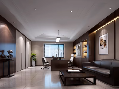 Modern Office Interior With Wooden Desk Leather Sofa Floor to Ceiling Window and Green Plants 3d model