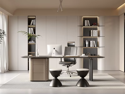 Modern Home Office With Large Desk Computer Monitor Office Chair Bookshelves And Potted Plant 3d model