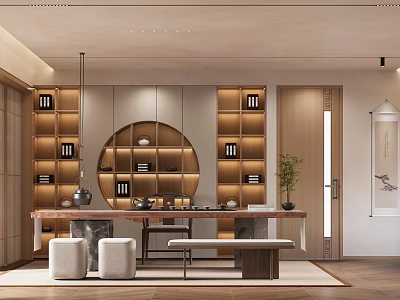Traditional Chinese Tea Room Interior With Wooden Shelves Circular Decor Tea Sets And Potted Plant 3d model