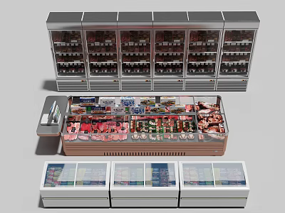 Commercial Refrigerated Display Cases And Freezers With Supermarket Meat Beverages Products 3d model