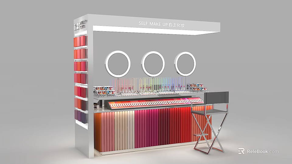 Makeup Display Shelf With Colorful Lipsticks Round Lights And Cosmetic Counter 3d model 