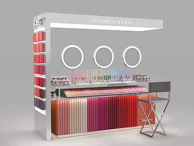 Makeup Display Shelf With Colorful Lipsticks Round Lights And Cosmetic Counter 3d model