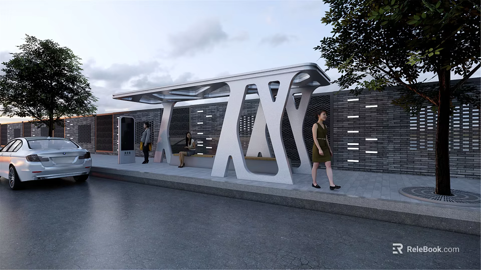 Modern Bus Station Featuring White Metal Canopy And Pedestrians By Brick Wall 3d model 