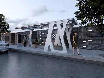 Modern Bus Station Featuring White Metal Canopy And Pedestrians By Brick Wall 3d model