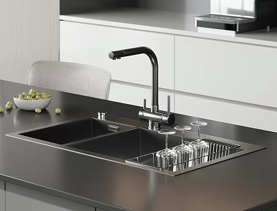 Stainless Steel Double Bowl Kitchen Sink With Black Faucet Glass Rack And White Cabinets 3d model