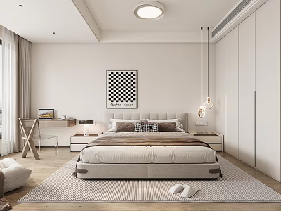 Modern Bedroom Interior Design With Bed Nightstands Pendant Lights Wardrobe Rug And Decorative Painting 3d model