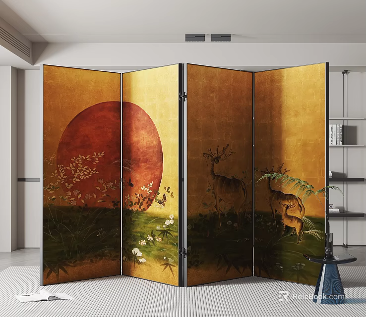 Traditional Decorative Folding Screen With Red Sun Deer Grass And Flower Patterns 3d model