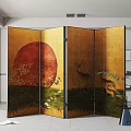 Traditional Decorative Folding Screen With Red Sun Deer Grass And Flower Patterns 3d model