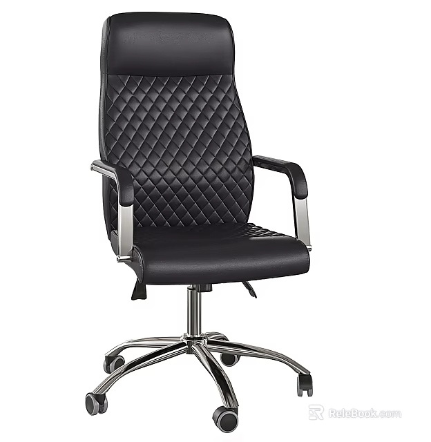 Black Office Chair with Quilted Backrest Chrome Armrests and Chrome Base Wheels 3d model 