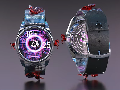Luxury Mechanical Watches with Luminous Purple Pink Dial Design Braided Black Leather Straps Red Elements 3d model