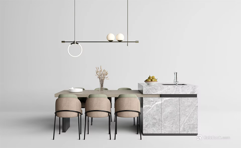 Modern Dining Table Set With Upholstered Chairs Hanging Lights And Marble Countertop 3d model