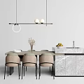 Modern Dining Table Set With Upholstered Chairs Hanging Lights And Marble Countertop 3d model