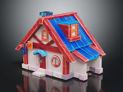 Small Cartoon House Model With Red And Blue Roof Round Window And Wooden Door Porch 3d model