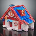 Small Cartoon House Model With Red And Blue Roof Round Window And Wooden Door Porch